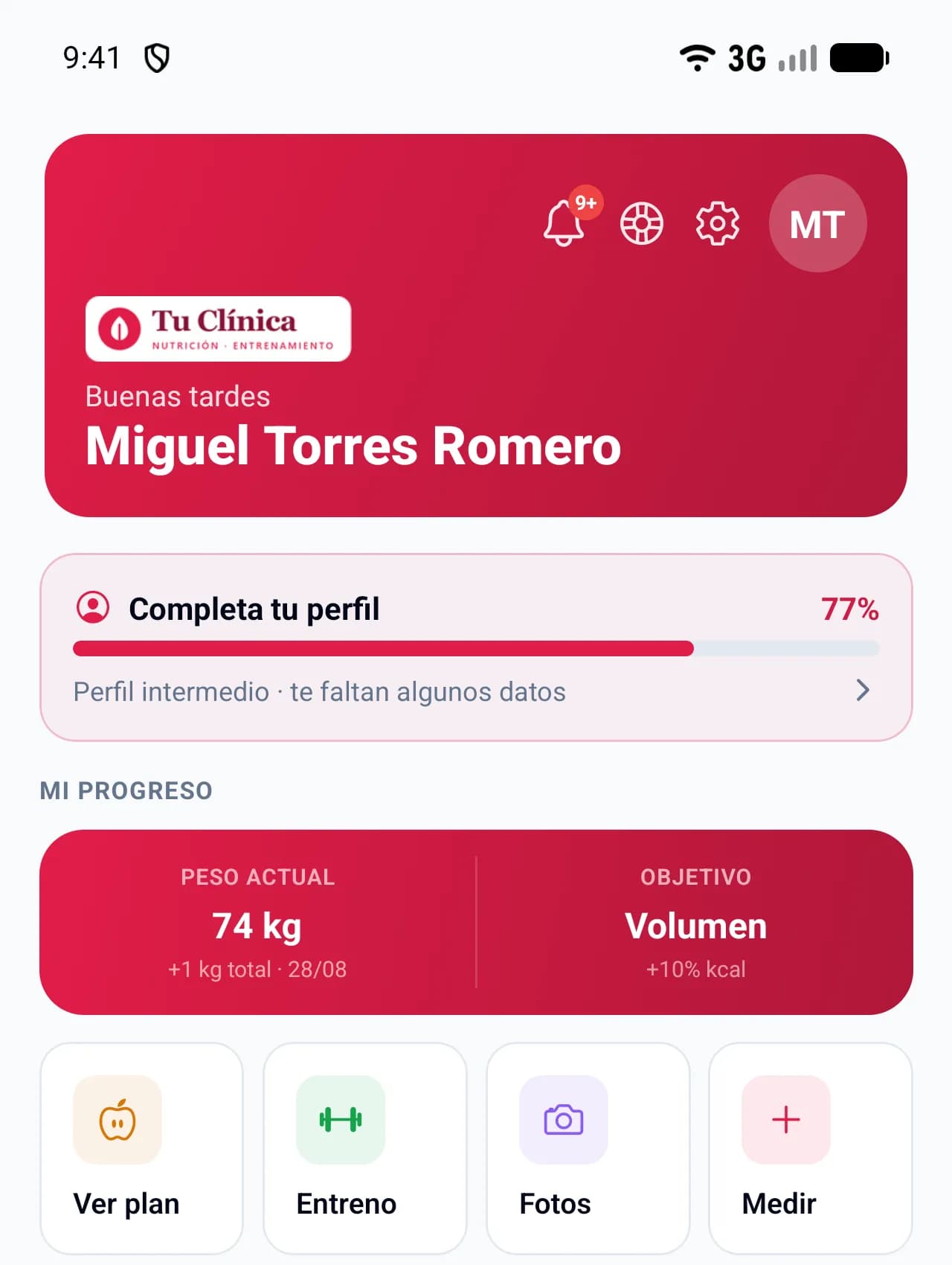 App del cliente con el logo y los colores de una clínica de ejemplo.
