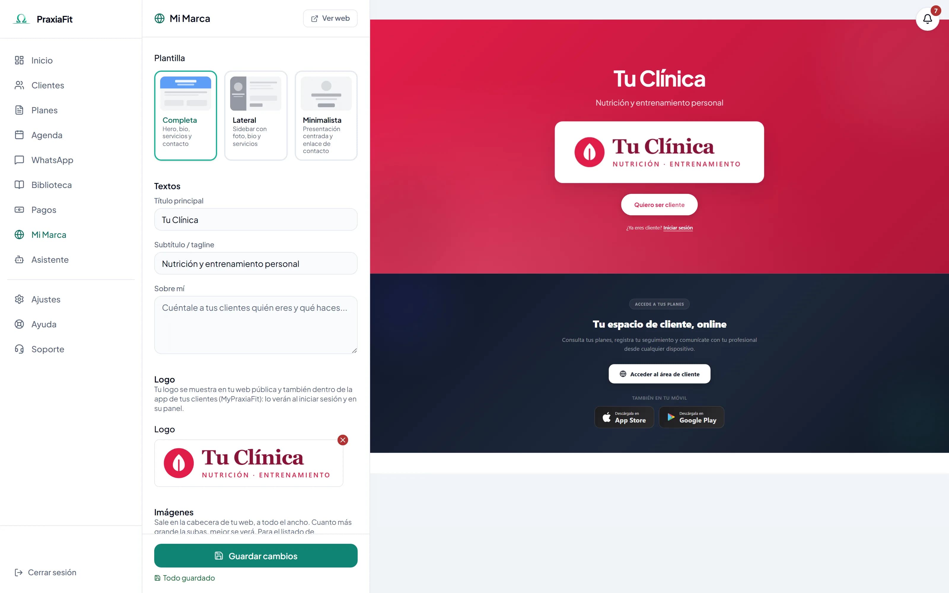 Mi Marca en el panel: logo y colores de una clínica de ejemplo con la vista previa de su web.