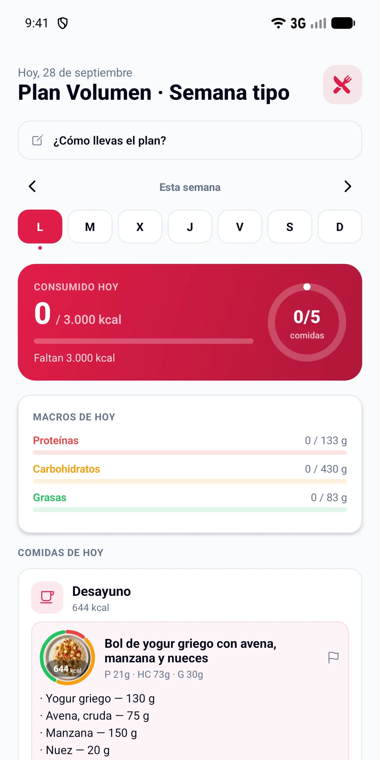 App del cliente: el plan del día con sus comidas y los macros objetivo.