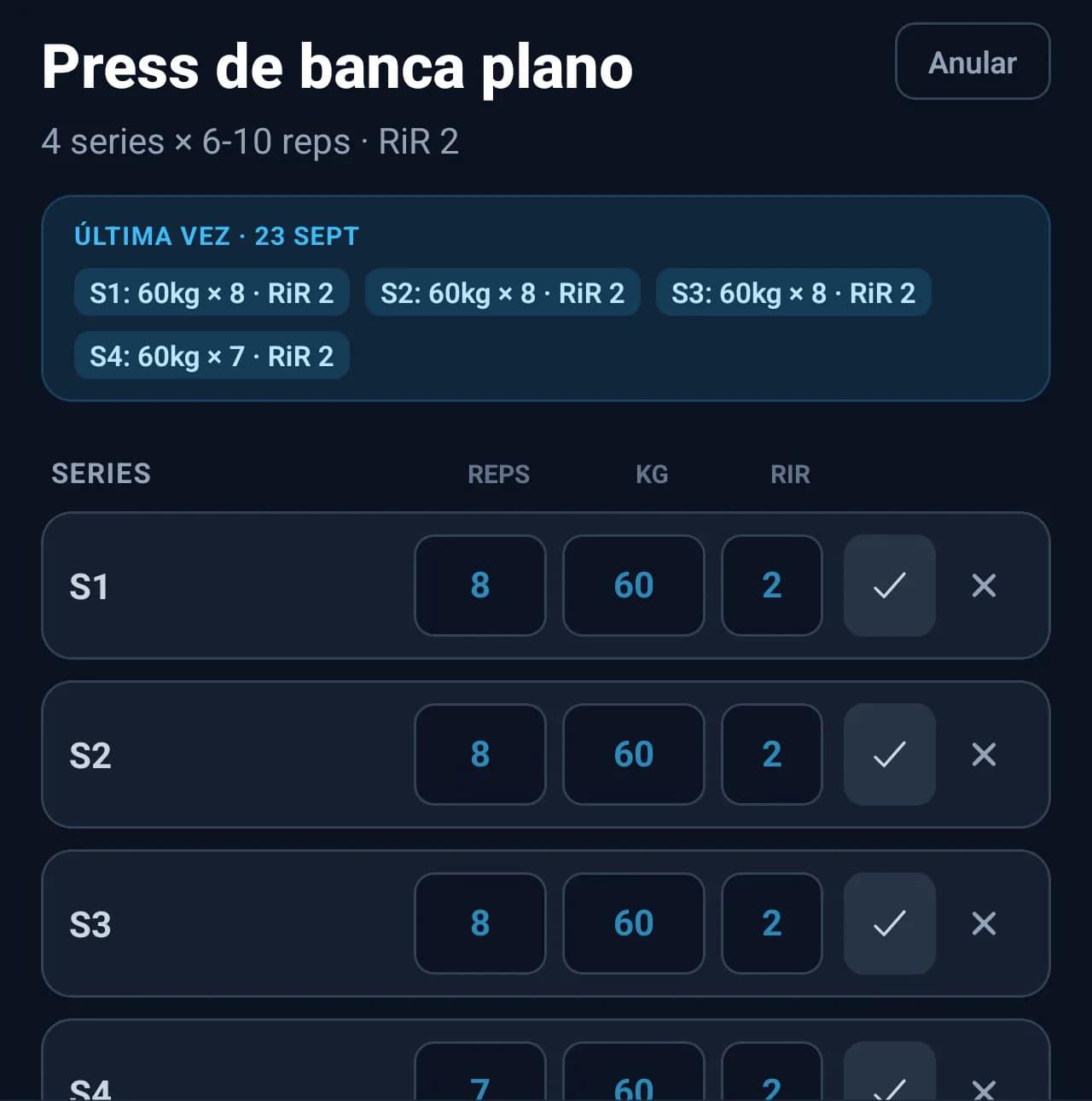 Modo entreno de la app del cliente: las series de press de banca con lo que levantó la última vez.